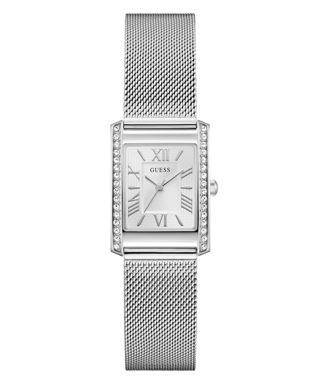 Silver GUESS Ladies Silver Tone Analog Watch with mesh band on a white background