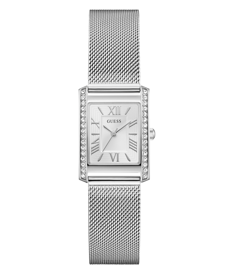 Silver GUESS Ladies Silver Tone Analog Watch with mesh band on a white background