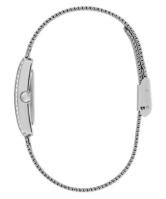 Silver GUESS Ladies Silver Tone Analog Watch with a white background