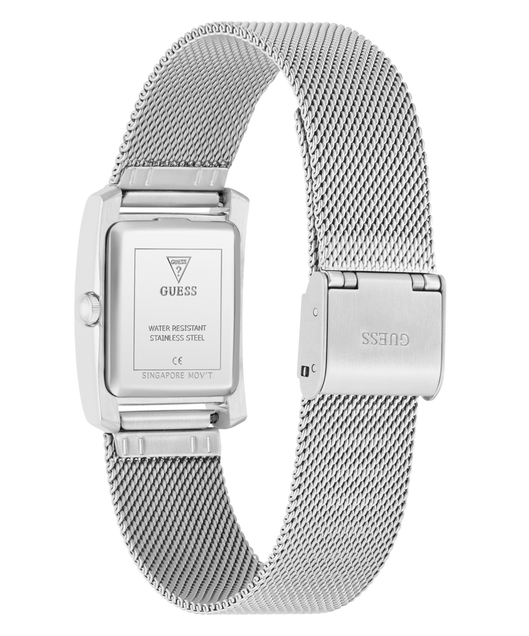 Silver Guess GUESS Ladies Silver Tone Analog Watch with mesh band on a white background