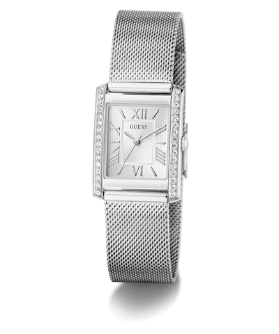 Silver GUESS Ladies Silver Tone Analog Watch with mesh band on a white background