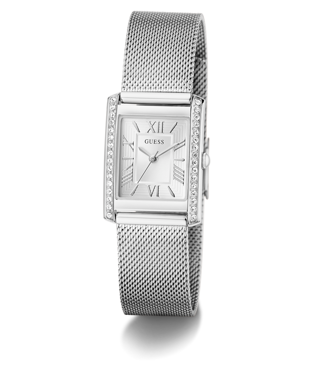 Silver GUESS Ladies Silver Tone Analog Watch with mesh band on a white background