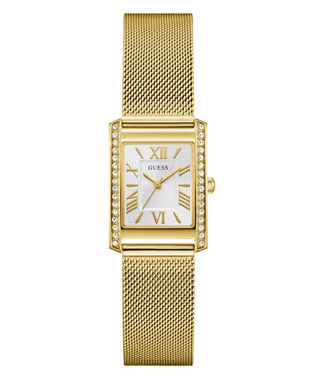 Gold GUESS Ladies Gold Tone Analog Watch with a white face featuring Roman numerals on a white background