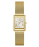 Gold GUESS Ladies Gold Tone Analog Watch with a white face featuring Roman numerals on a white background