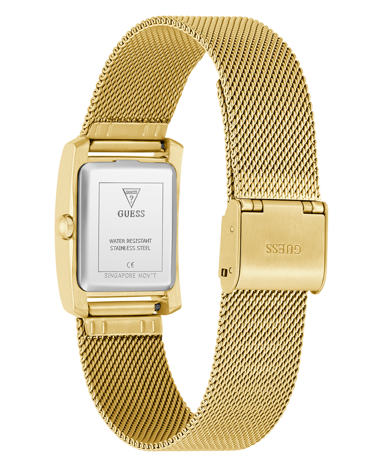 Gold GUESS Ladies Gold Tone Analog Watch with mesh band on a white background