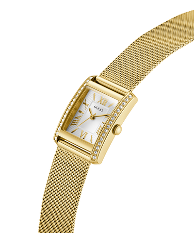 Gold GUESS Ladies Gold Tone Analog Watch with a mesh band on a white background lifestyle