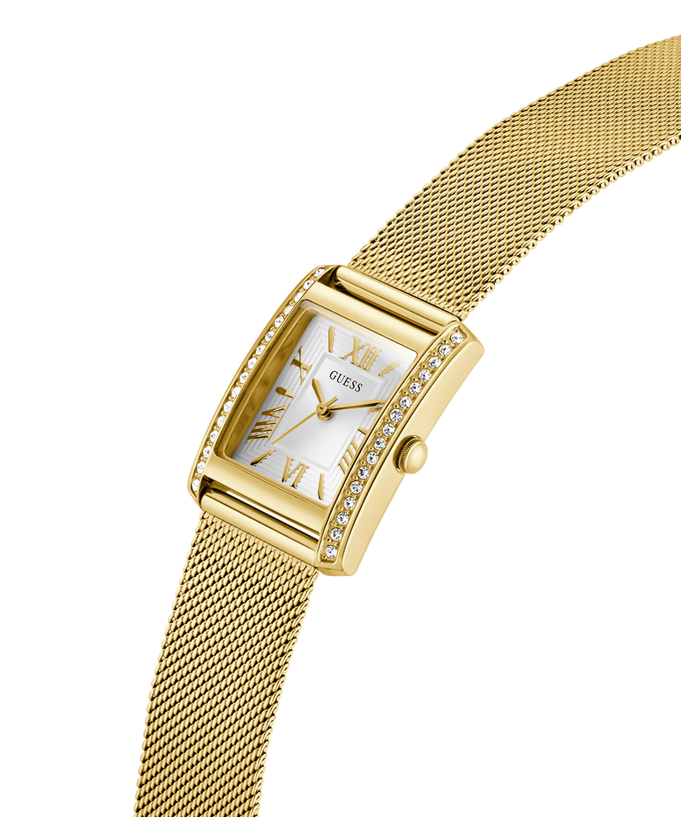 Gold GUESS Ladies Gold Tone Analog Watch with a mesh band on a white background lifestyle