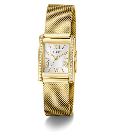 Gold GUESS Ladies Gold Tone Analog Watch with a rectangular face on a white background