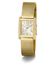 Gold GUESS Ladies Gold Tone Analog Watch with a rectangular face on a white background