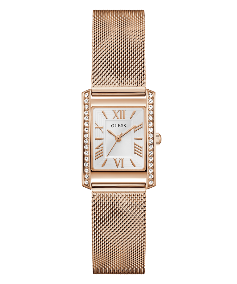 GUESS Ladies Rose Gold Tone Analog Watch with mesh band on a white background