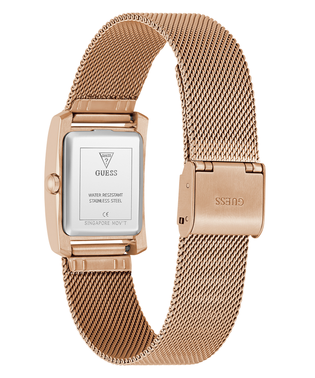 GUESS Ladies Rose Gold Tone Analog Watch with mesh band on a white background