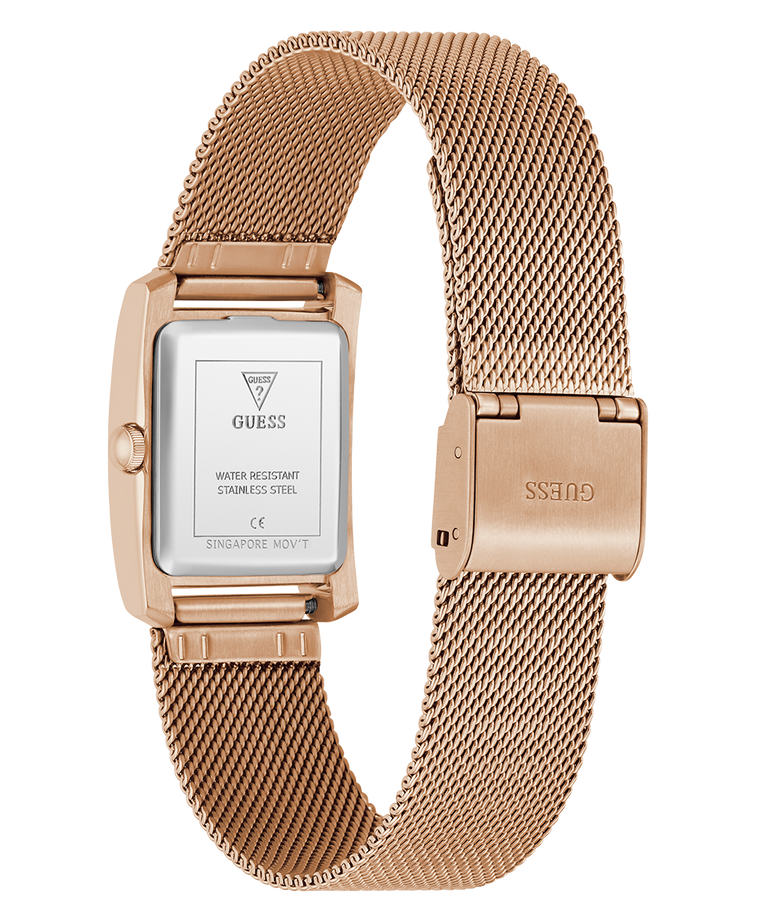 GUESS Ladies Rose Gold Tone Analog Watch with mesh band on a white background