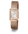 GUESS Ladies Rose Gold Tone Analog Watch with mesh band and diamond accents on a white background