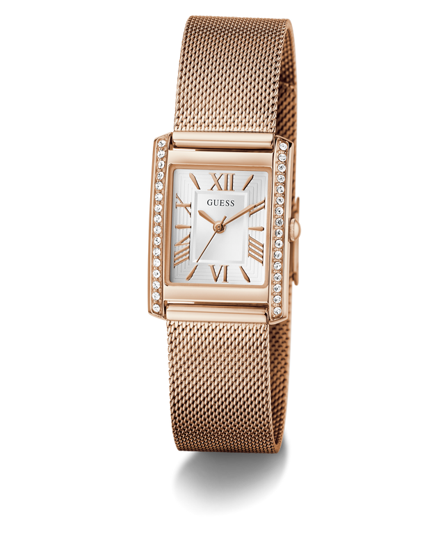 GUESS Ladies Rose Gold Tone Analog Watch with mesh band and diamond accents on a white background