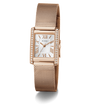 GUESS Ladies Rose Gold Tone Analog Watch with mesh band and diamond accents on a white background