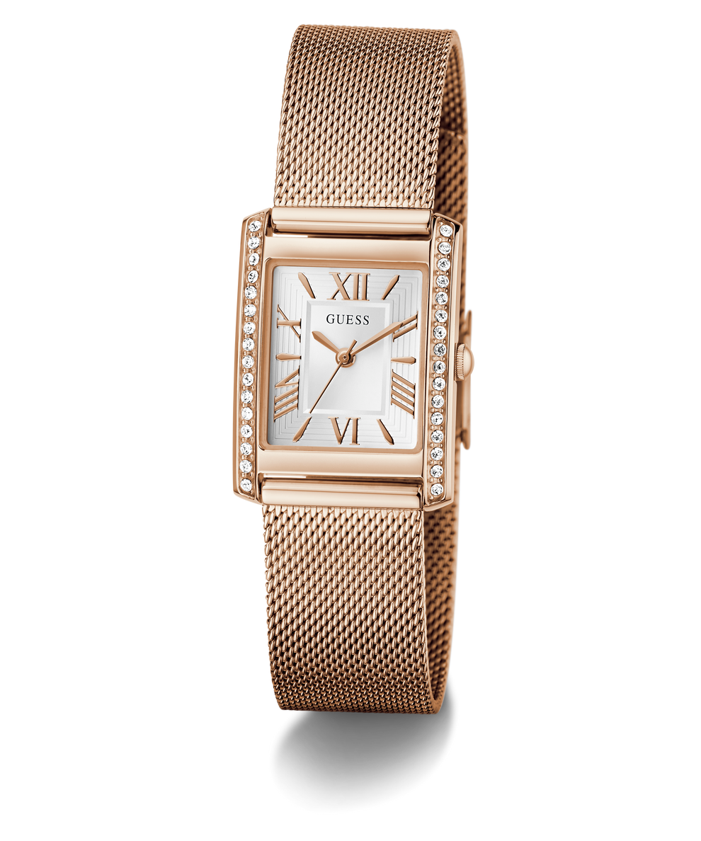 GUESS Ladies Rose Gold Tone Analog Watch with mesh band and diamond accents on a white background