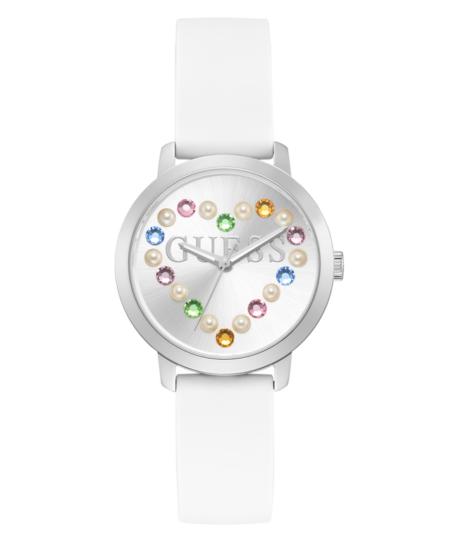 White Guess GUESS Ladies White Silver Tone Analog Watch with colorful gemstones on a white background