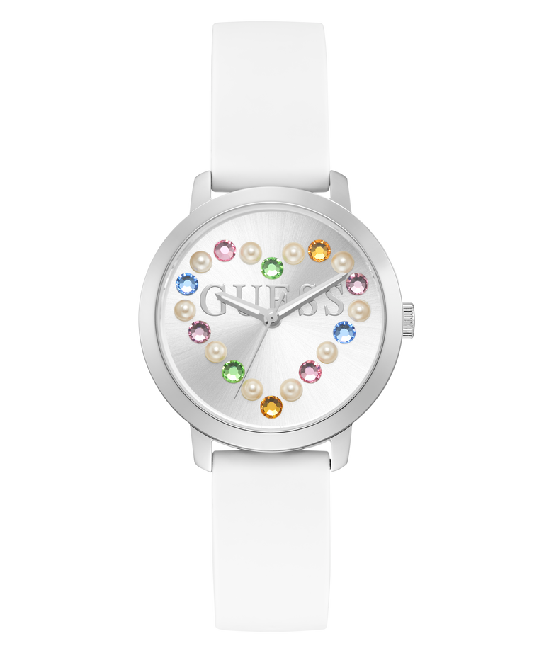 White Guess GUESS Ladies White Silver Tone Analog Watch with colorful gemstones on a white background