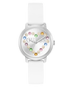 White Guess GUESS Ladies White Silver Tone Analog Watch with colorful gemstones on a white background