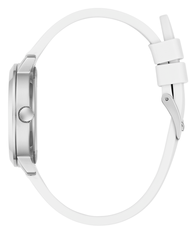 White watch with a silver case on a white background