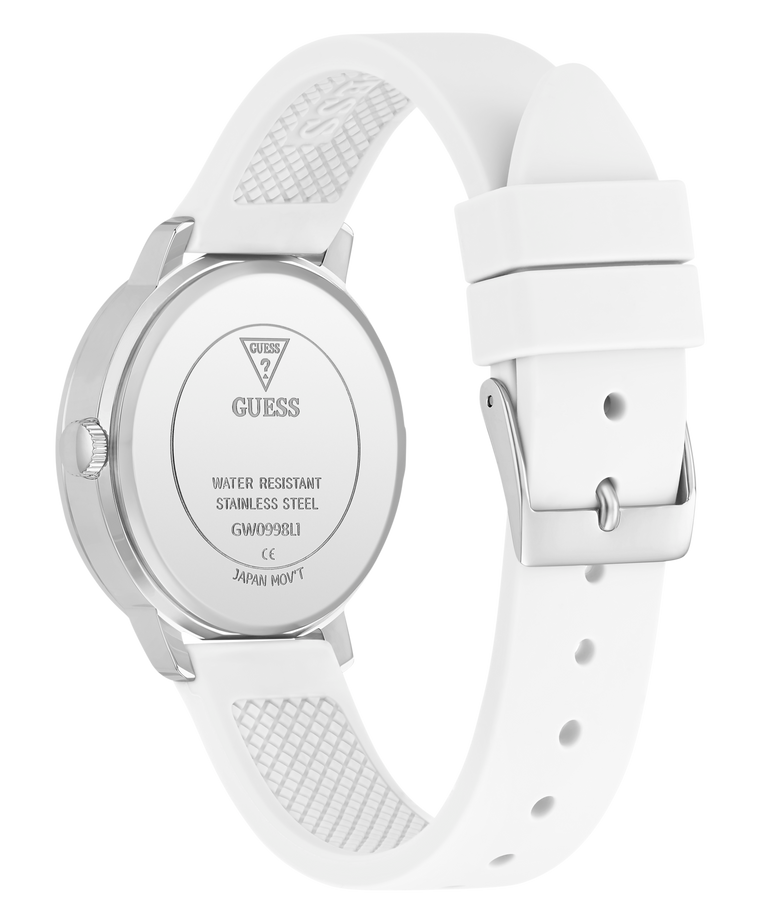 White Guess watch with a detailed back view on a white background