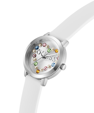 White GUESS Ladies White Silver Tone Analog Watch with colorful gemstones on a white background lifestyle