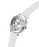White GUESS Ladies White Silver Tone Analog Watch with colorful gemstones on a white background lifestyle