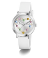 GUESS Ladies White Silver Tone Analog Watch with colorful gemstones on a white background