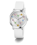 GUESS Ladies White Silver Tone Analog Watch with colorful gemstones on a white background