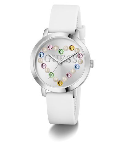 GUESS Ladies White Silver Tone Analog Watch with colorful gemstones on a white background