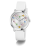 GUESS Ladies White Silver Tone Analog Watch with colorful gemstones on a white background