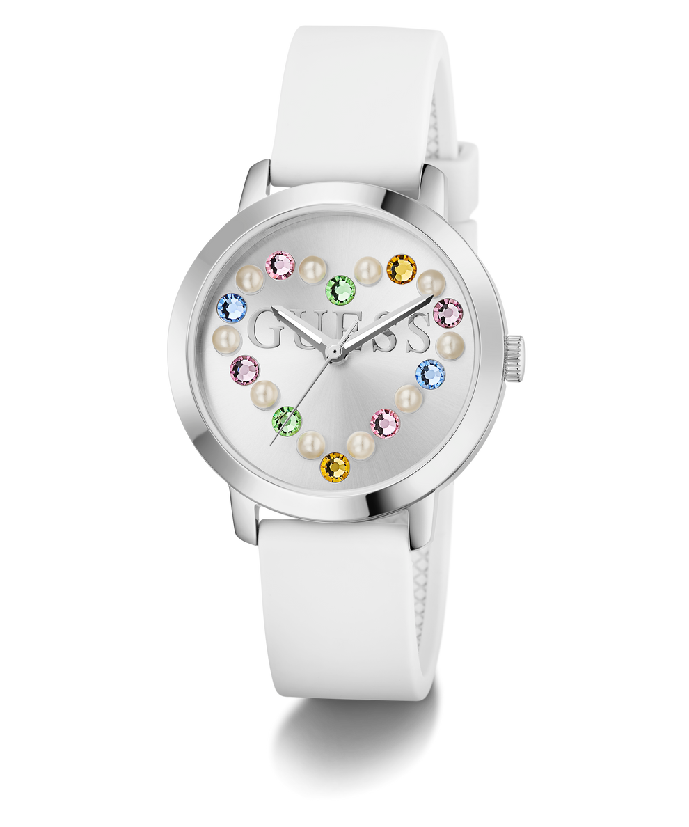 GUESS Ladies White Silver Tone Analog Watch with colorful gemstones on a white background