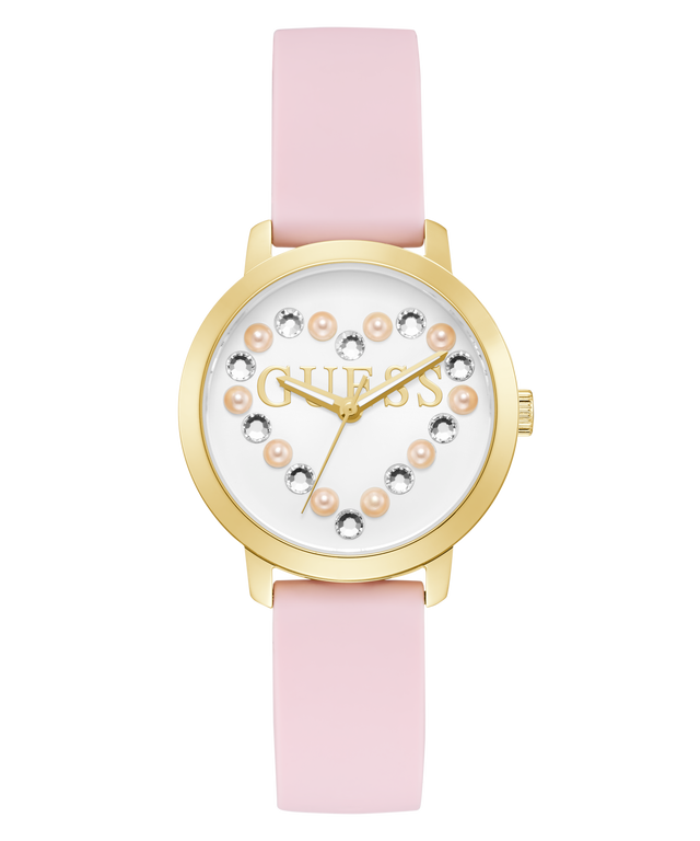 GUESS Ladies Pink Gold Tone Analog Watch with pink strap and gold case on white background