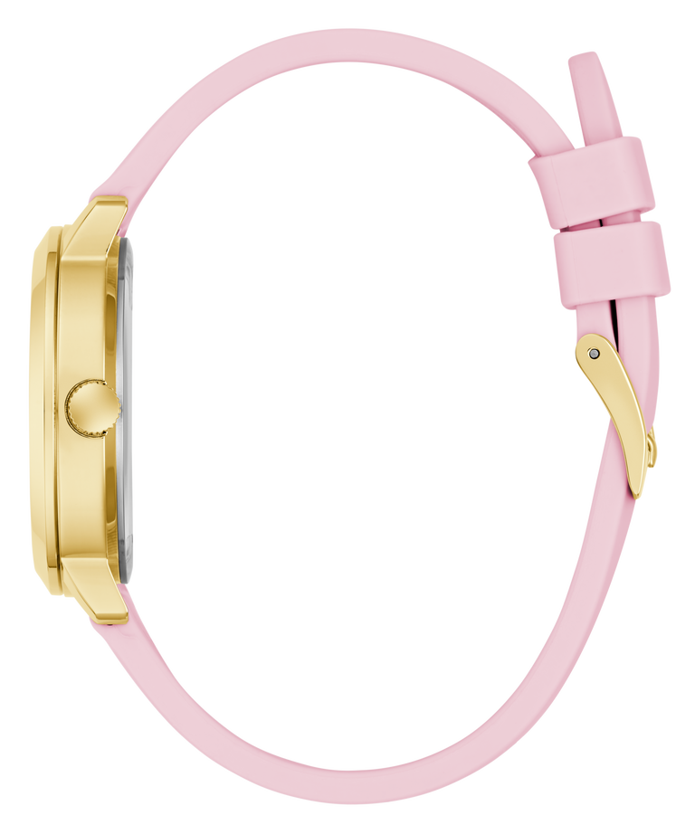 Watch with pink strap and gold case on a white background