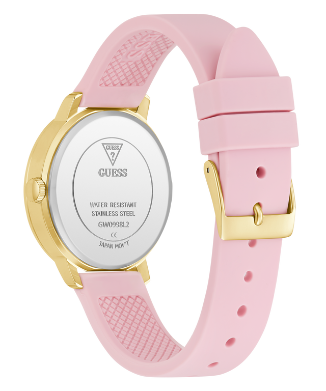 Pink watch with gold accents on a white background