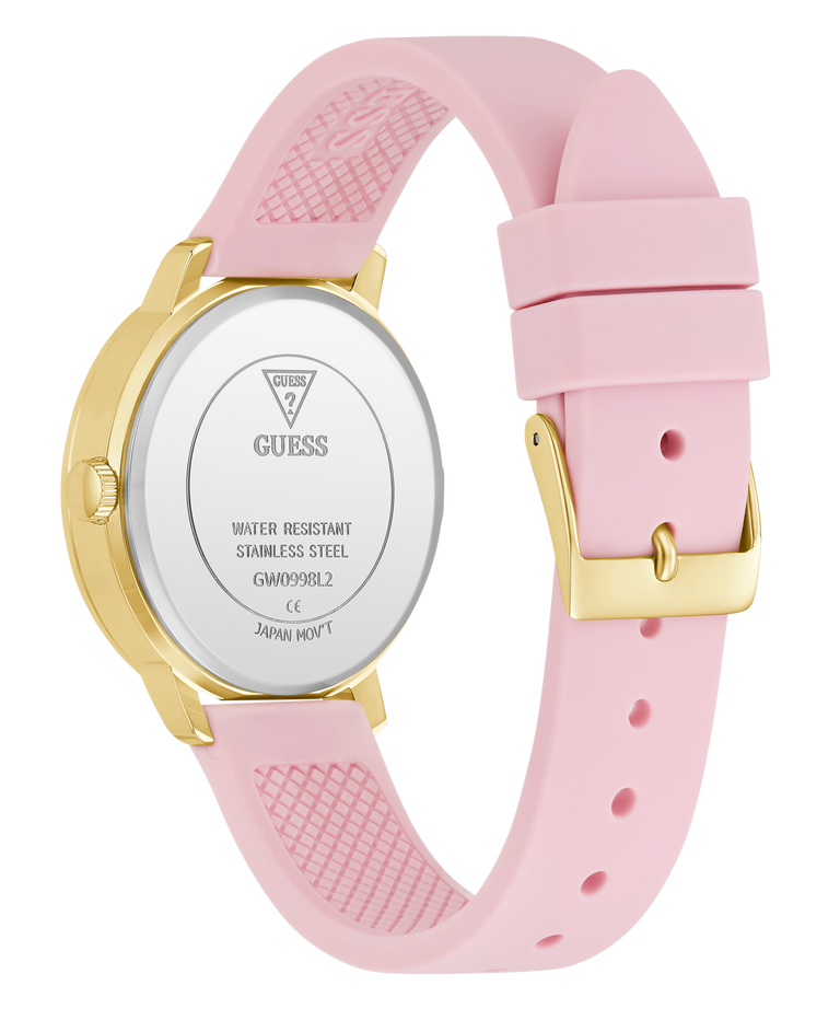 Pink watch with gold accents on a white background