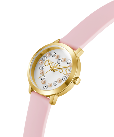 Watch with pink strap and gold case on a white background lifestyle
