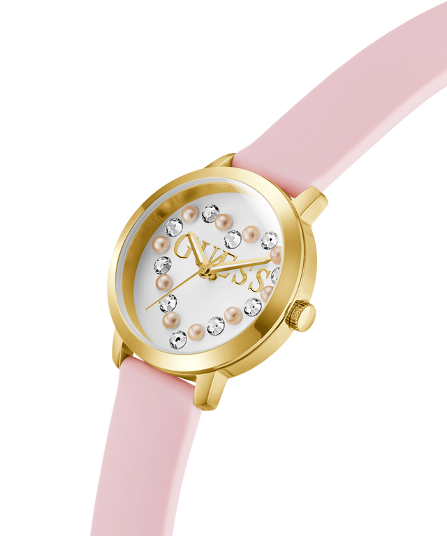 Watch with pink strap and gold case on a white background lifestyle