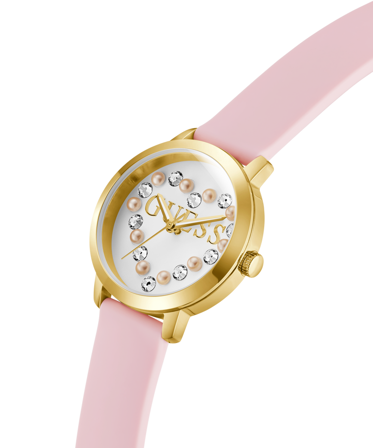 Watch with pink strap and gold case on a white background lifestyle