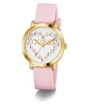 Guess watch with pink strap and gold case on white background