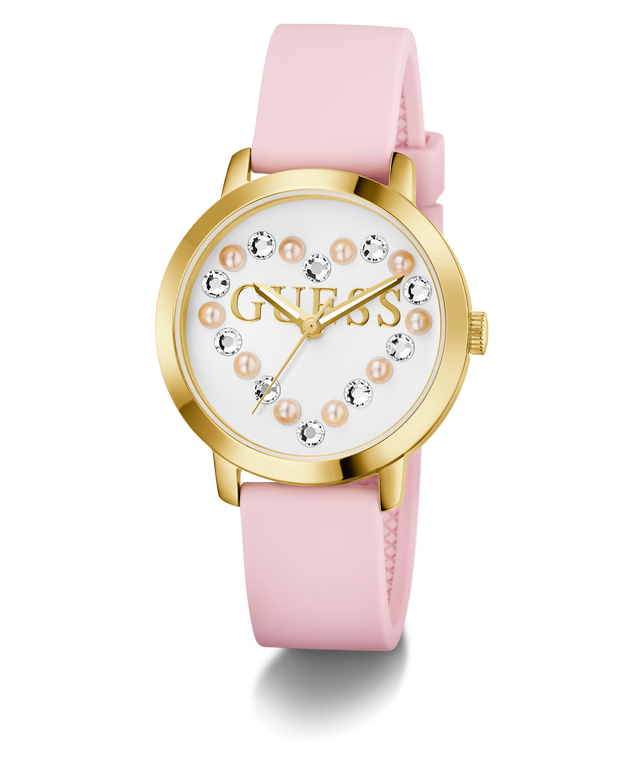 Guess watch with pink strap and gold case on white background