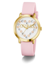 Guess watch with pink strap and gold case on white background