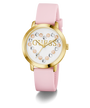 Guess watch with pink strap and gold case on white background