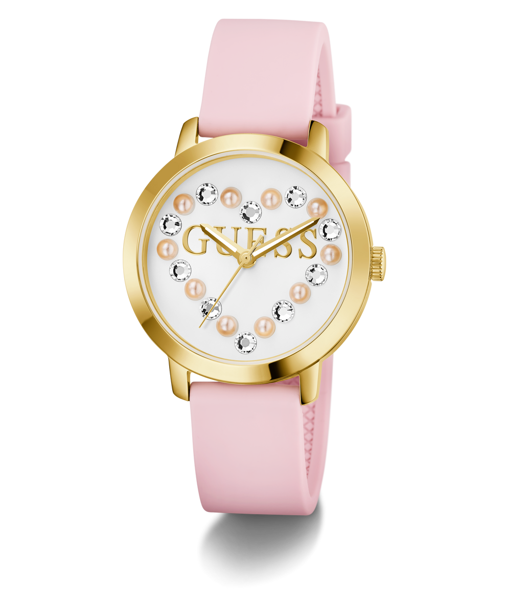 Guess watch with pink strap and gold case on white background