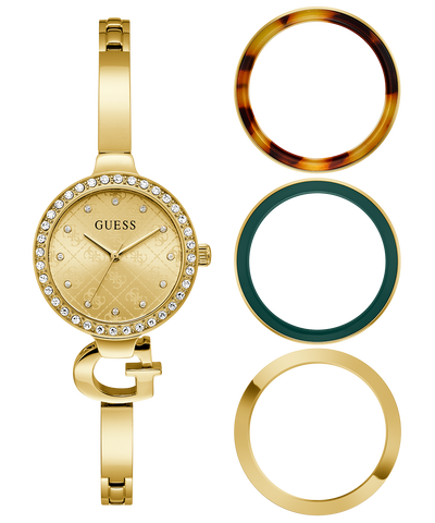 Gold GUESS Ladies GOLD TONE Analog Watch with optional bezels on a white background