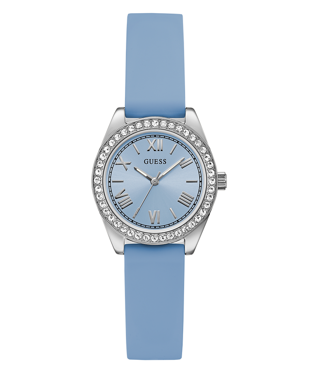 GUESS Ladies Mini Luna Blue Silver Tone Analog Watch with blue strap and light blue face on a white background