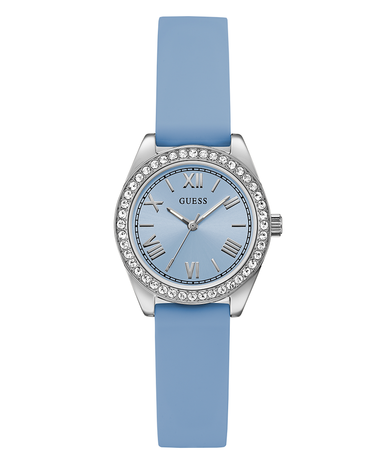 GUESS Ladies Mini Luna Blue Silver Tone Analog Watch with blue strap and light blue face on a white background