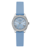 GUESS Ladies Mini Luna Blue Silver Tone Analog Watch with blue strap and light blue face on a white background