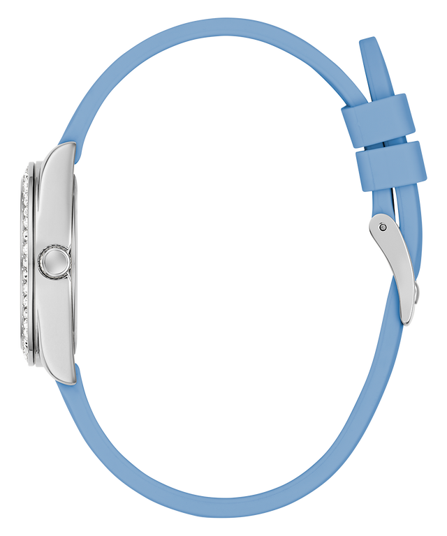 Watch with a light blue strap on a white background