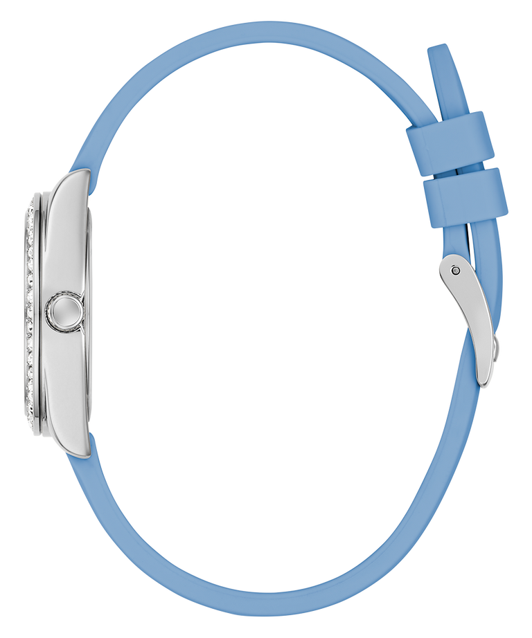 Watch with a light blue strap on a white background